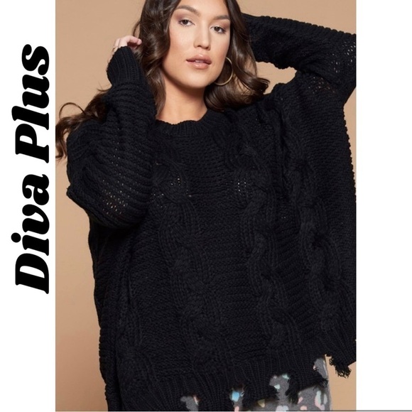 Blu Trends Sweaters - Diva Plus Black Sweater w/Wide Fringe